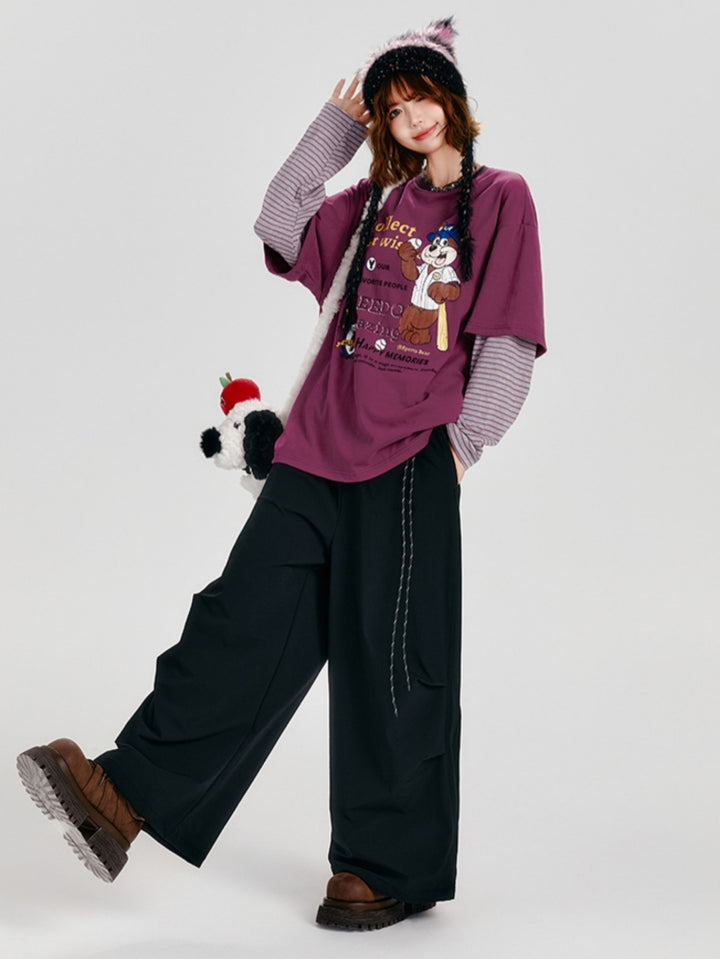 Rose Purple Long Sleeve Loose Print Striped Top