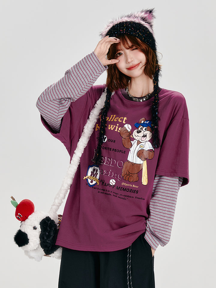 Rose Purple Long Sleeve Loose Print Striped Top