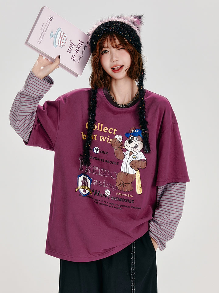 Rose Purple Long Sleeve Loose Print Striped Top
