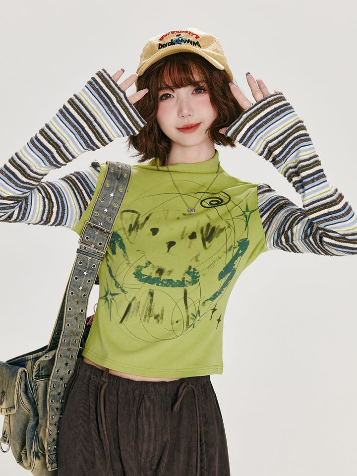 Autumn Color-Block Striped Mock Neck Top