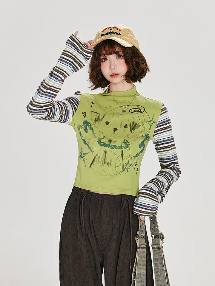 Autumn Color-Block Striped Mock Neck Top