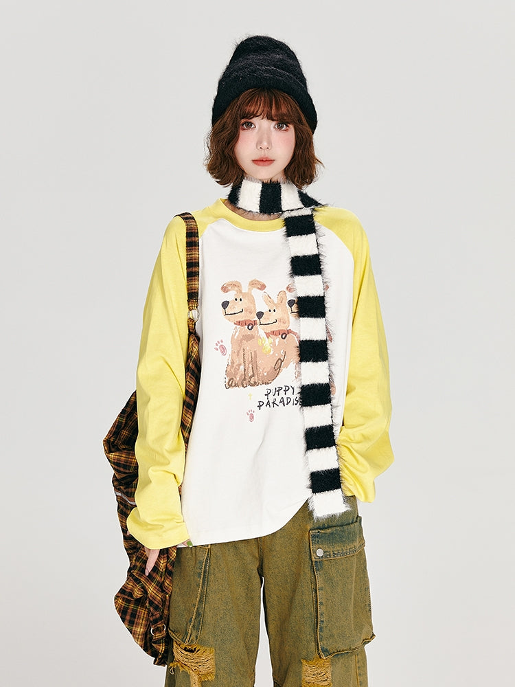 Vintage Puppy Print Loose Casual Top