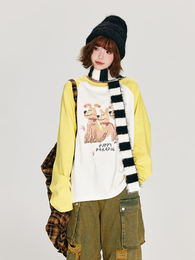 Vintage Puppy Print Loose Casual Top