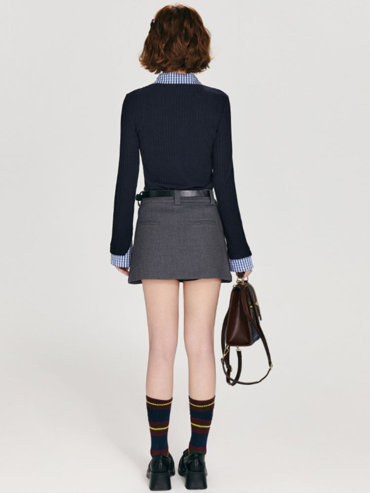 Dark Blue Faux Two-Piece Long Sleeve Knit Top