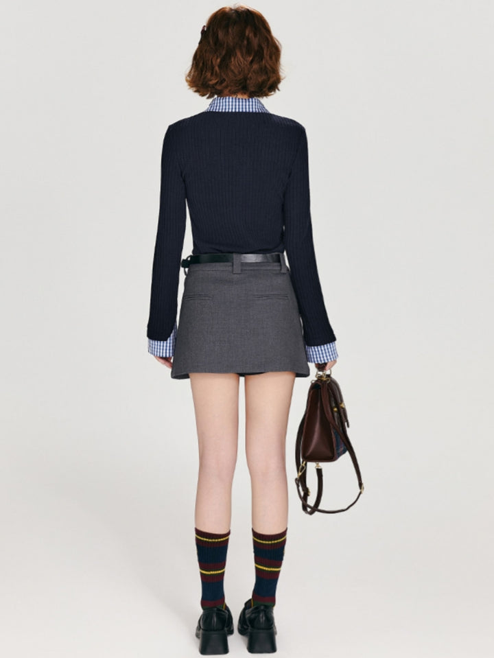 Dark Blue Faux Two-Piece Long Sleeve Knit Top