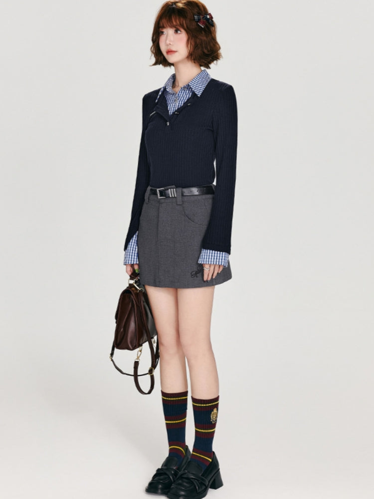 Dark Blue Faux Two-Piece Long Sleeve Knit Top