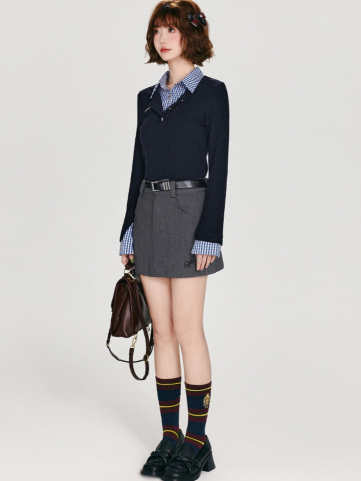 Dark Blue Faux Two-Piece Long Sleeve Knit Top