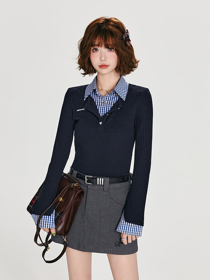 Dark Blue Faux Two-Piece Long Sleeve Knit Top