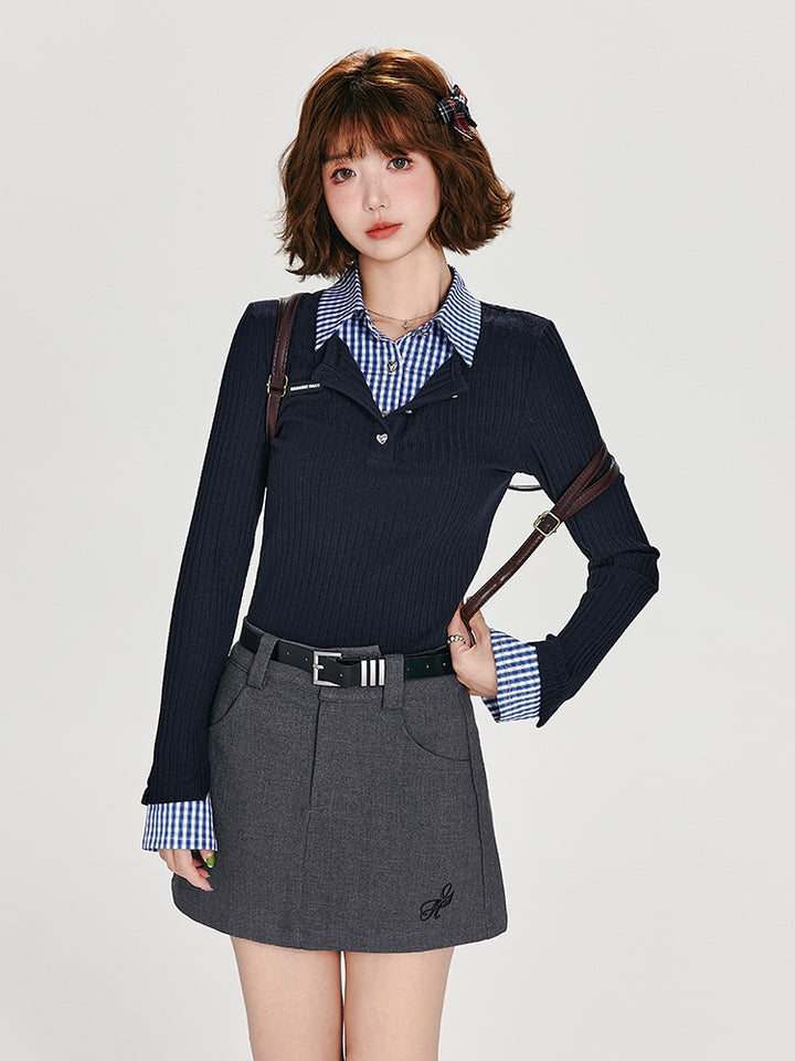 Dark Blue Faux Two-Piece Long Sleeve Knit Top