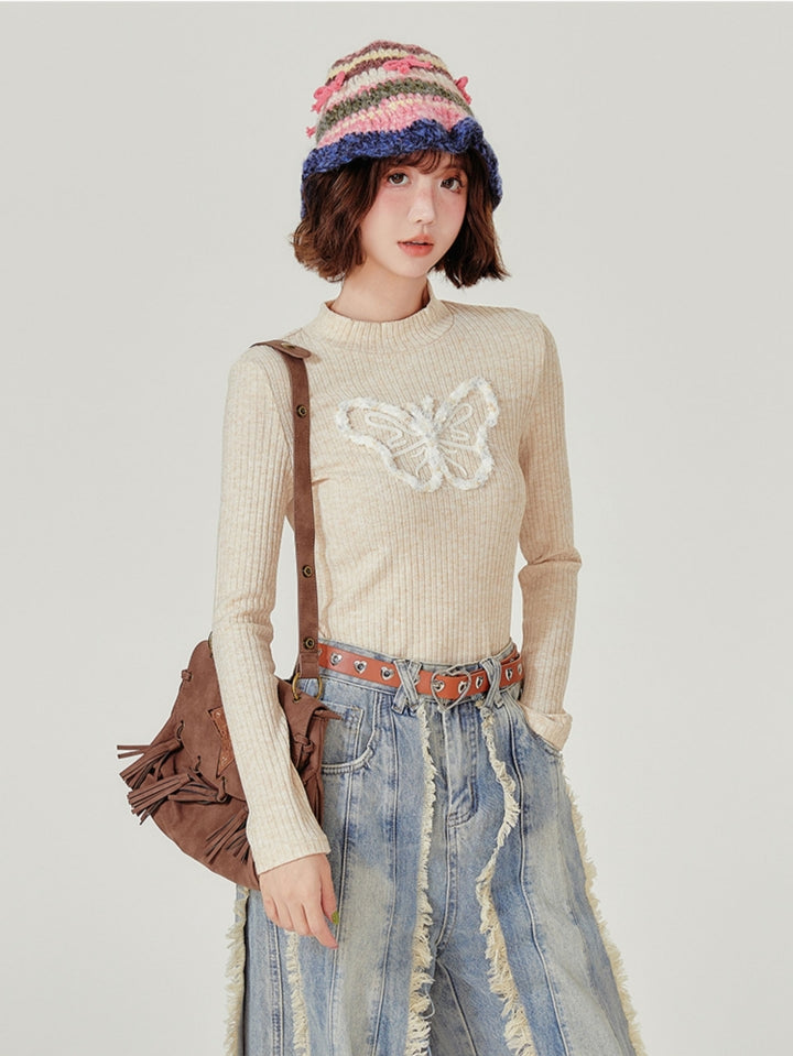 Butterfly Decor Mock Neck Autumn Winter Knit Sweater