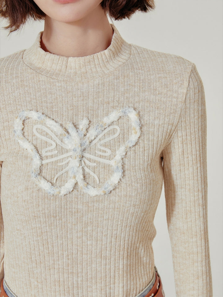 Butterfly Decor Mock Neck Autumn Winter Knit Sweater