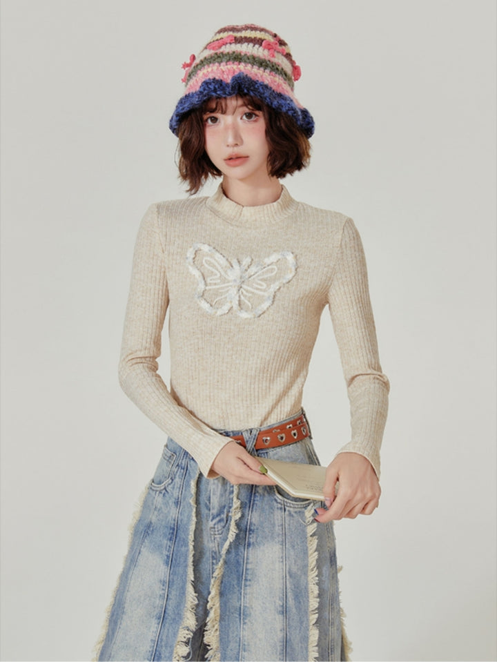 Butterfly Decor Mock Neck Autumn Winter Knit Sweater