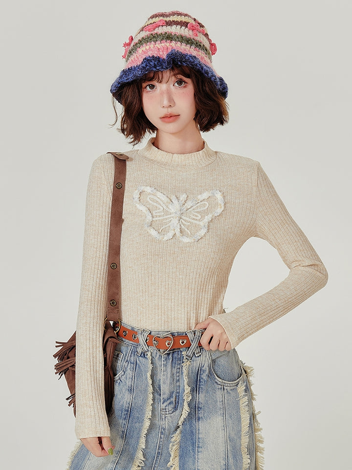 Butterfly Decor Mock Neck Autumn Winter Knit Sweater