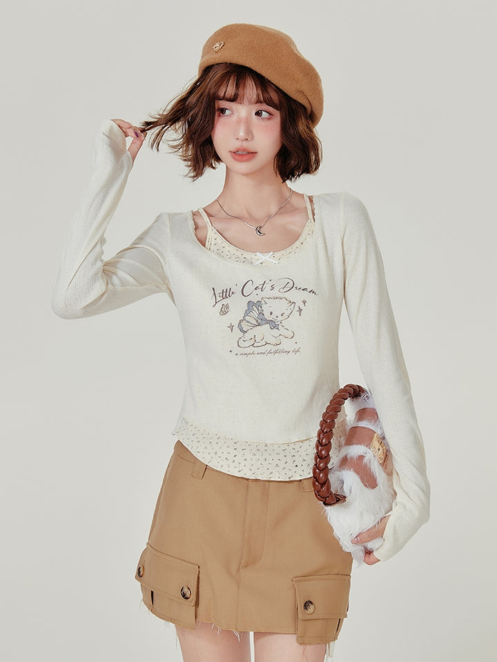 Kitten Print Faux Two-Piece Long Sleeve Top