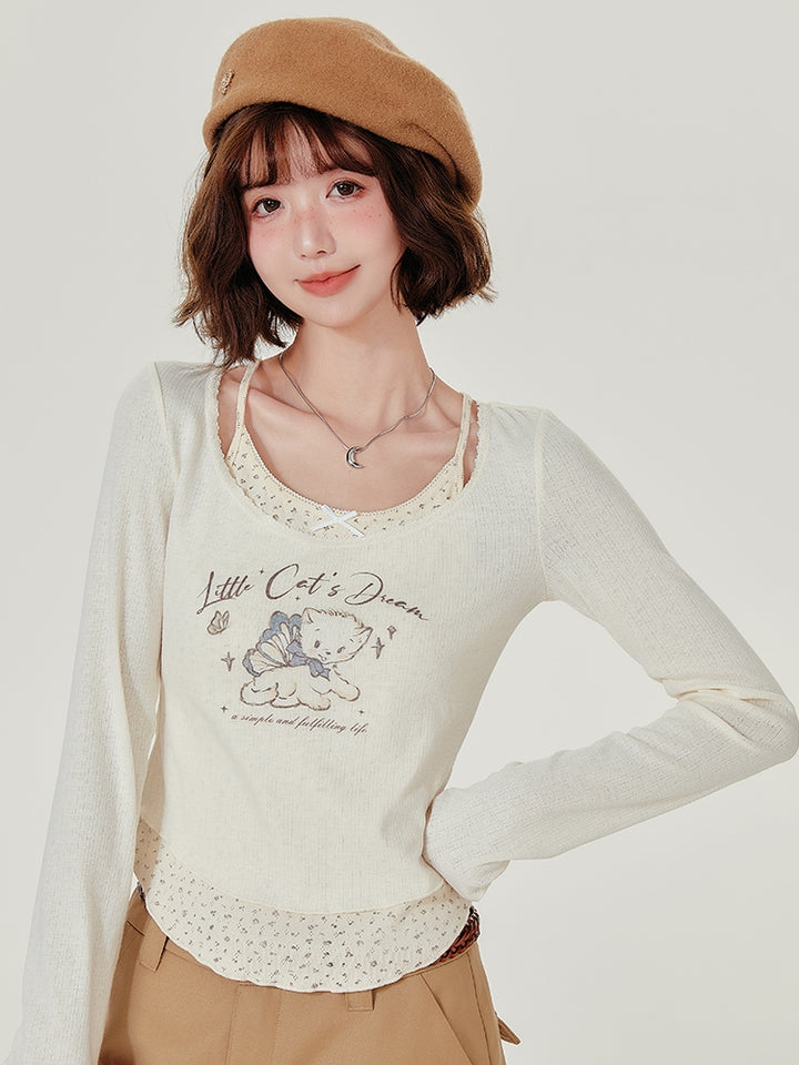 Kitten Print Faux Two-Piece Long Sleeve Top