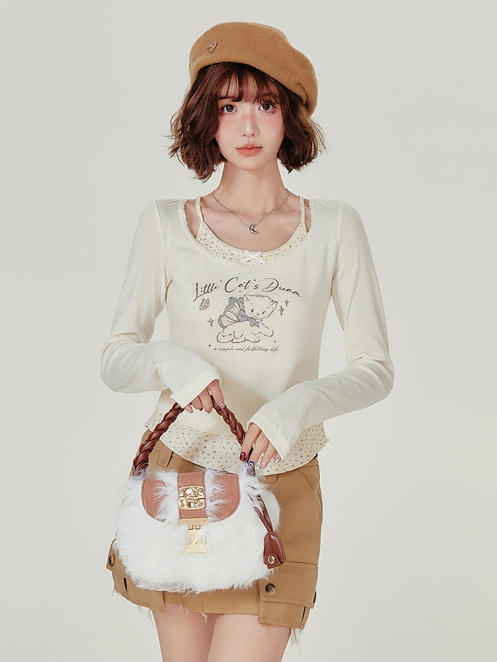 Kitten Print Faux Two-Piece Long Sleeve Top