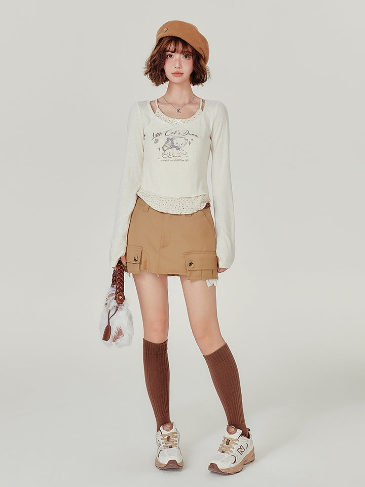Kitten Print Faux Two-Piece Long Sleeve Top
