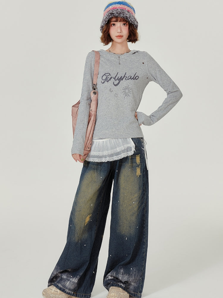Grey Hooded Long Sleeve Autumn Top with Letter Embroidery