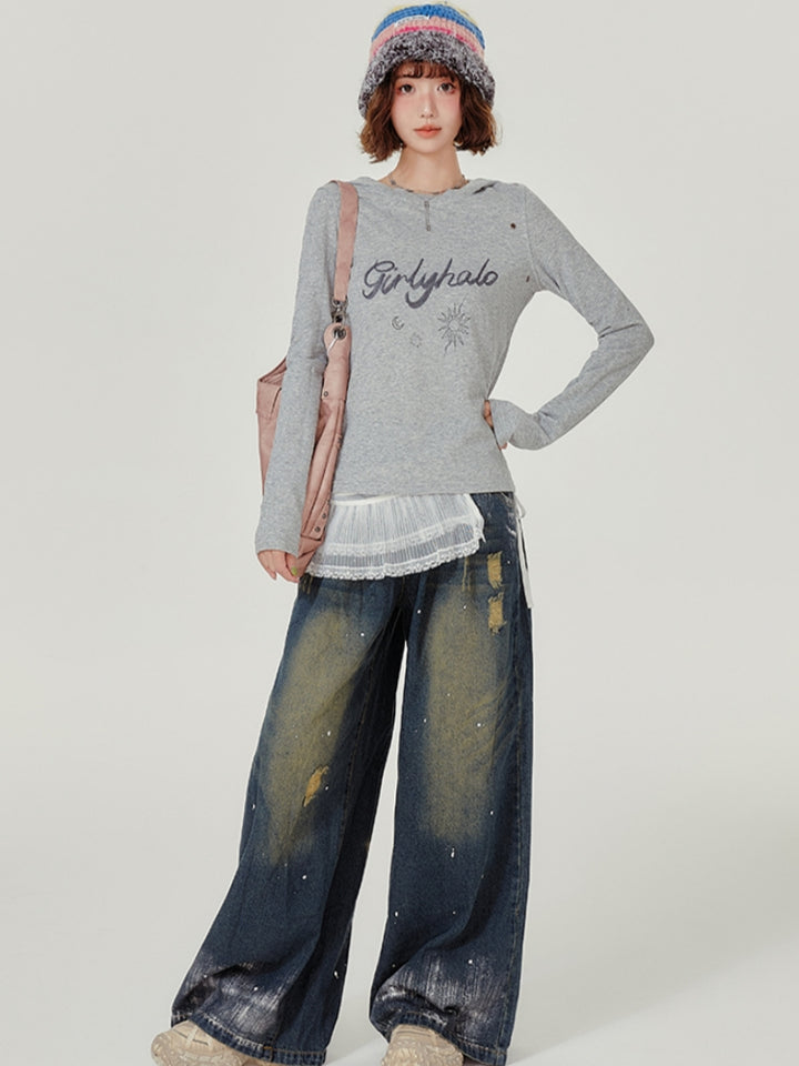 Grey Hooded Long Sleeve Autumn Top with Letter Embroidery