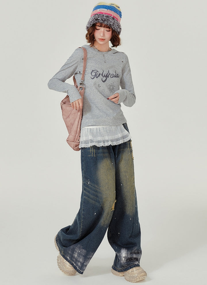 Grey Hooded Long Sleeve Autumn Top with Letter Embroidery