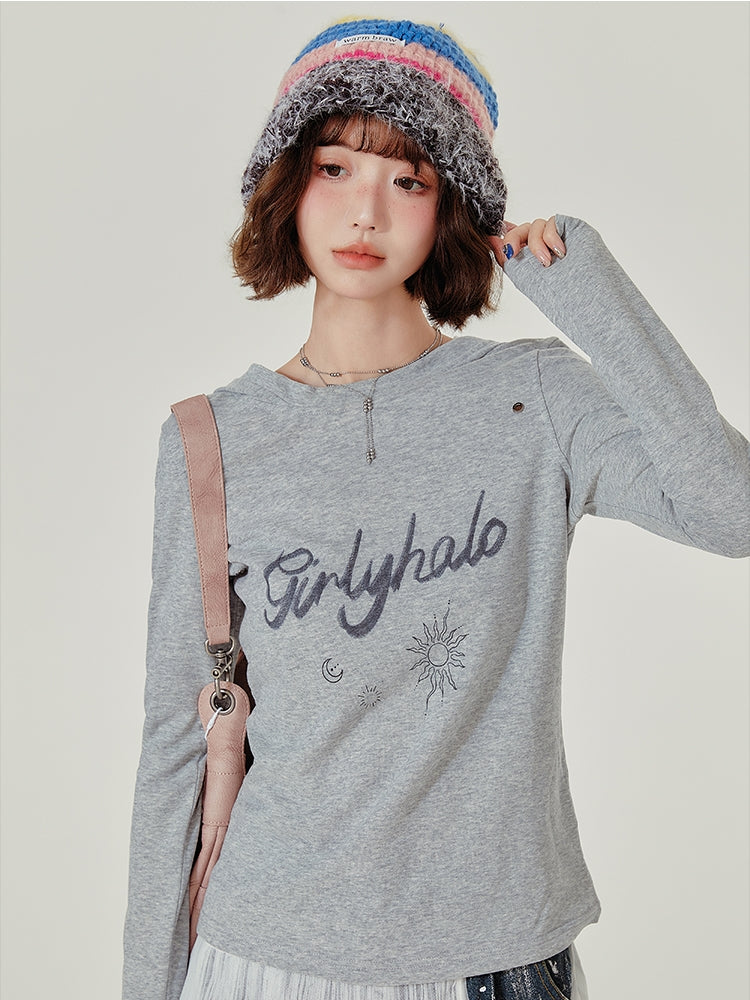 Grey Hooded Long Sleeve Autumn Top with Letter Embroidery