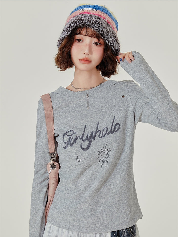 Grey Hooded Long Sleeve Autumn Top with Letter Embroidery