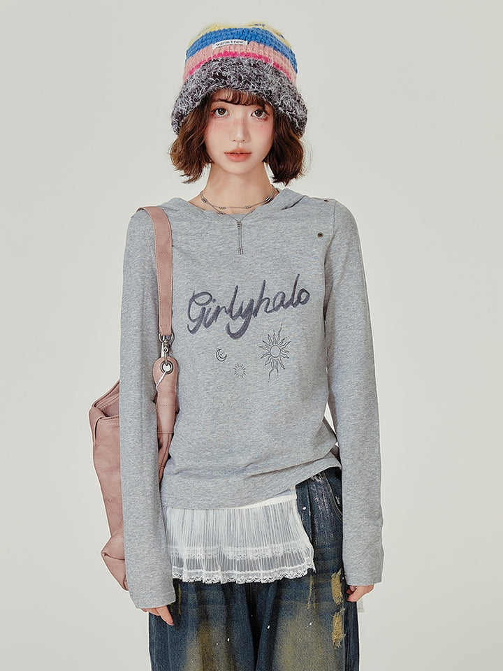 Grey Hooded Long Sleeve Autumn Top with Letter Embroidery