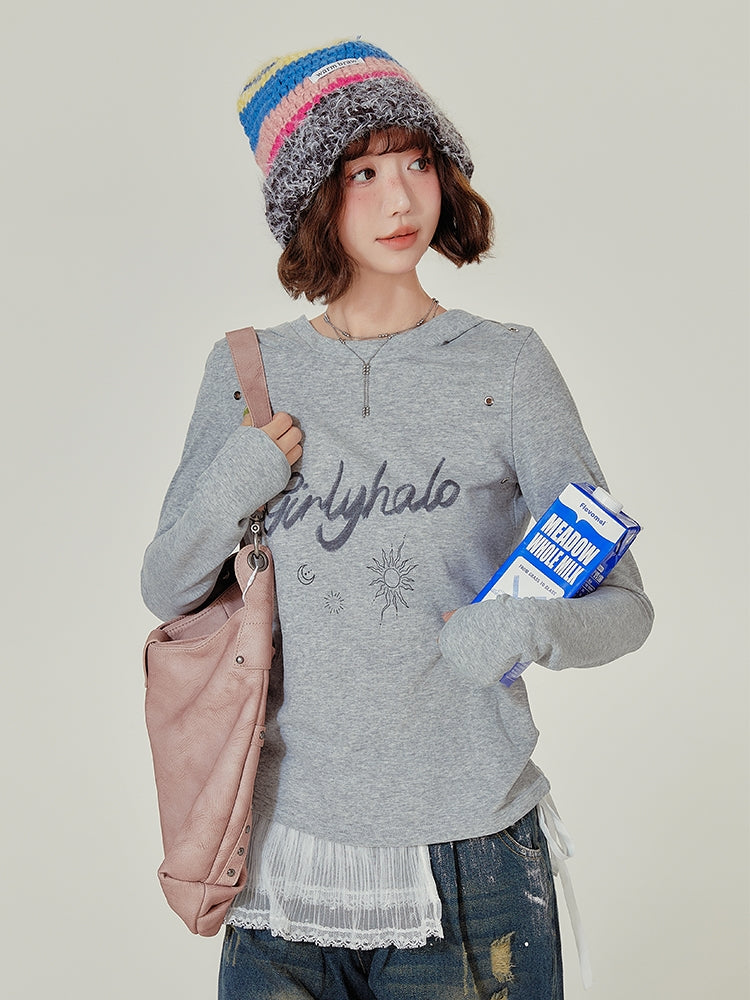Grey Hooded Long Sleeve Autumn Top with Letter Embroidery