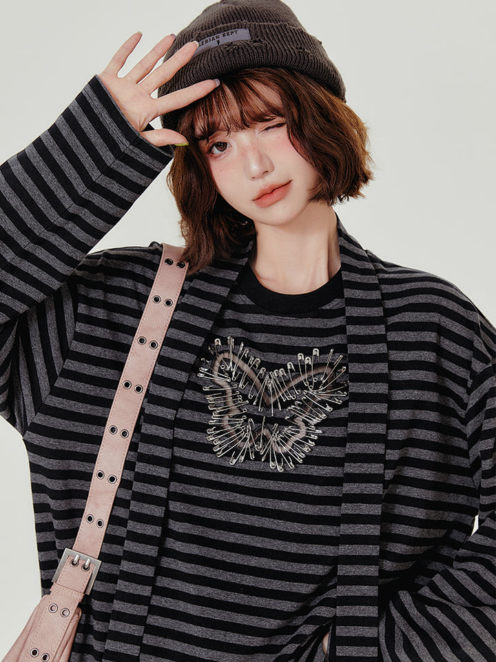 Black-Gray Punk Style Butterfly Striped Long-Sleeve Top