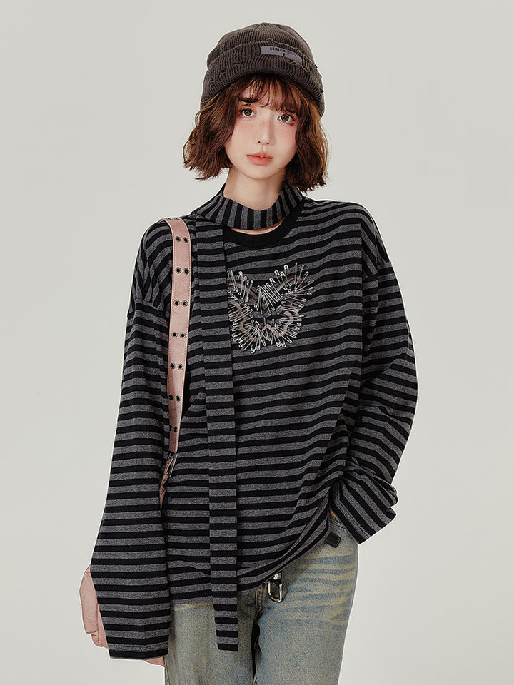 Black-Gray Punk Style Butterfly Striped Long-Sleeve Top