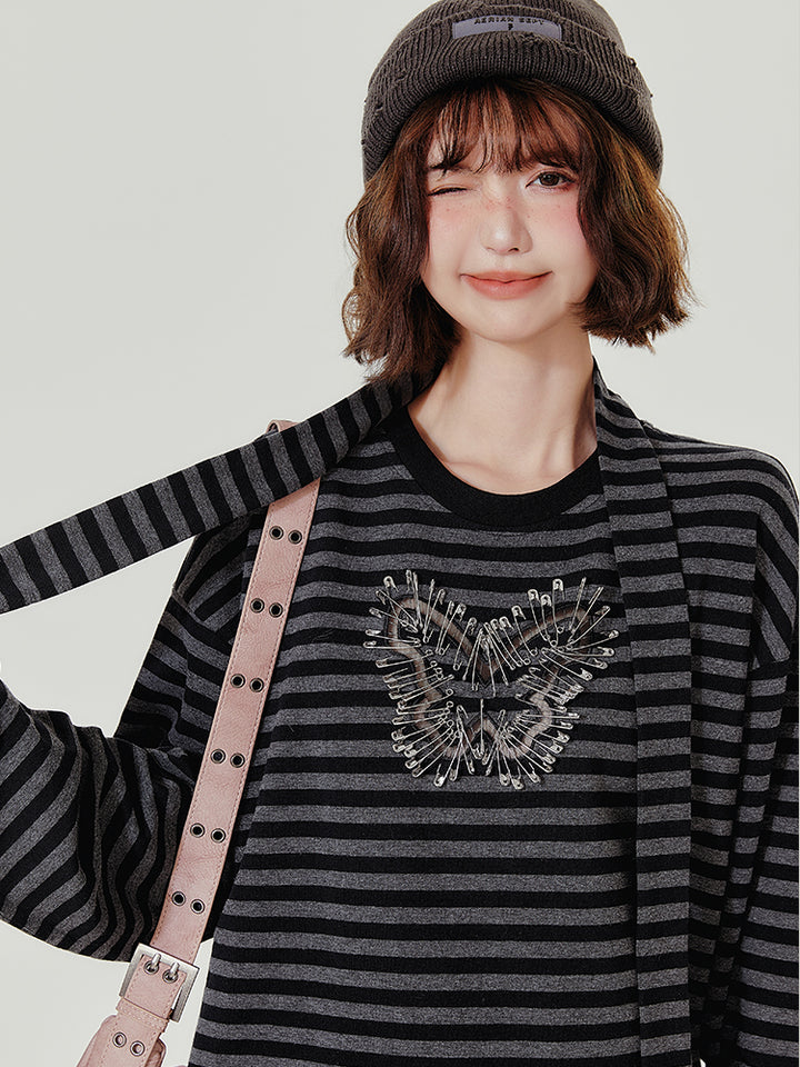 Black-Gray Punk Style Butterfly Striped Long-Sleeve Top
