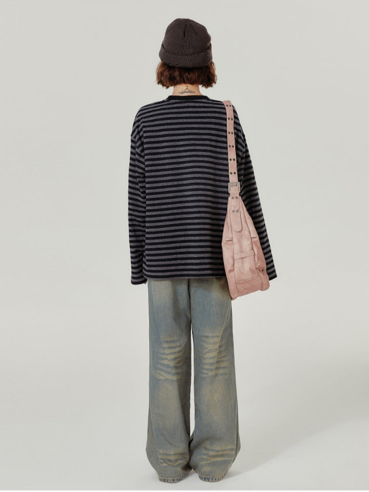 Black-Gray Punk Style Butterfly Striped Long-Sleeve Top