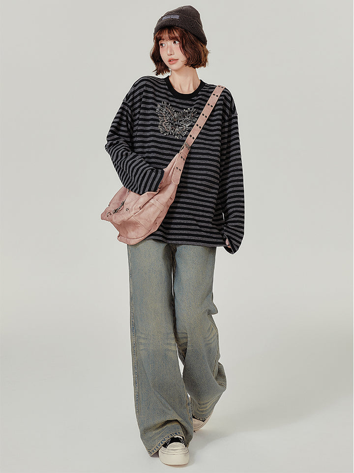 Black-Gray Punk Style Butterfly Striped Long-Sleeve Top