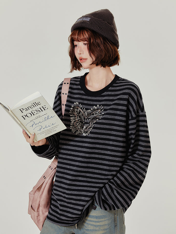 Black-Gray Punk Style Butterfly Striped Long-Sleeve Top