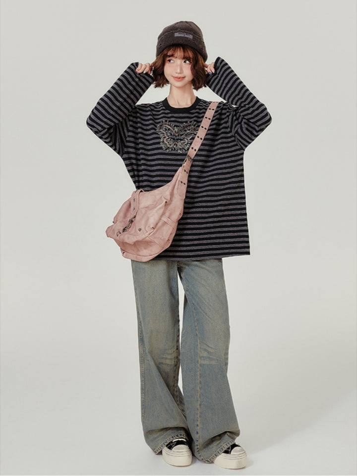 Black-Gray Punk Style Butterfly Striped Long-Sleeve Top