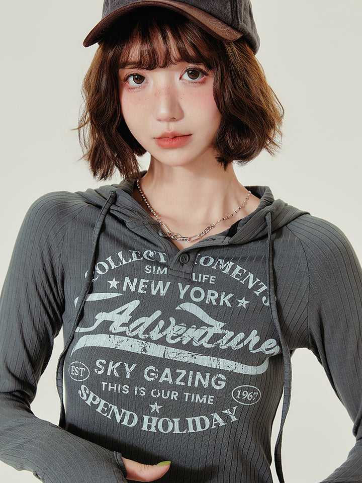 Vintage Hooded Long-Sleeve Cropped Knit Top