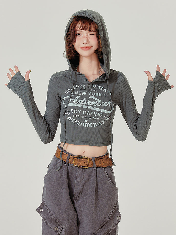 Vintage Hooded Long-Sleeve Cropped Knit Top