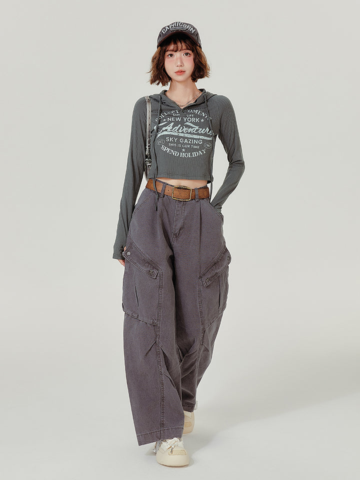Vintage Hooded Long-Sleeve Cropped Knit Top