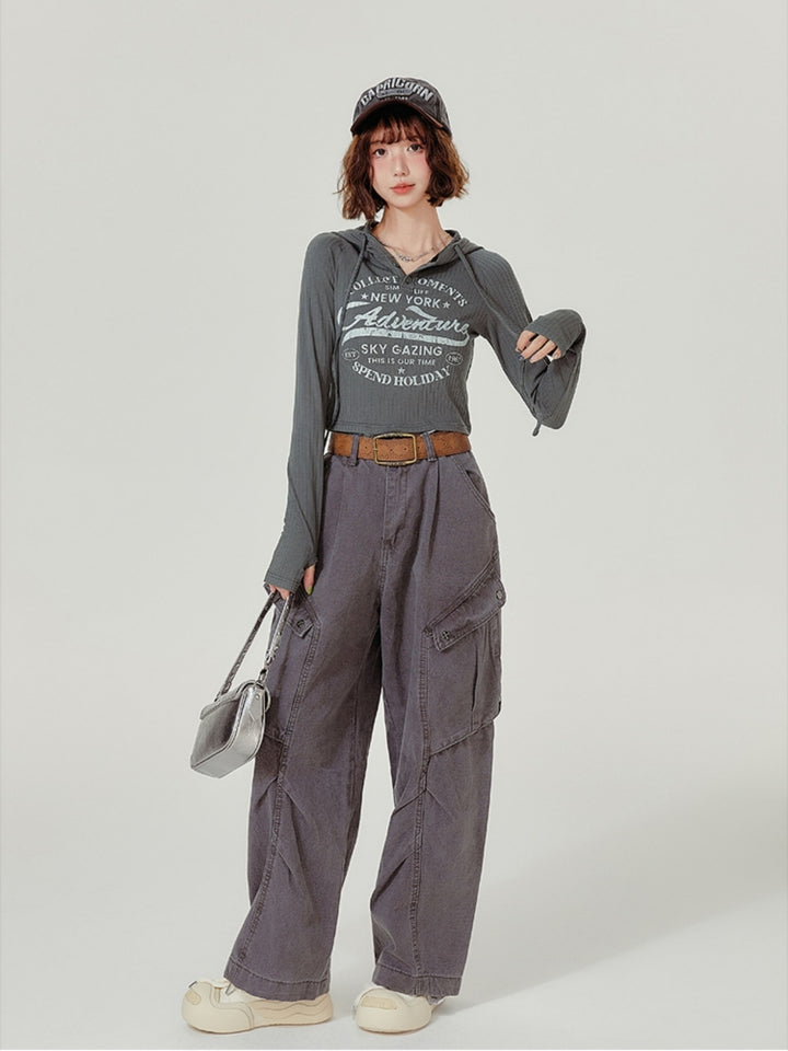 Vintage Hooded Long-Sleeve Cropped Knit Top