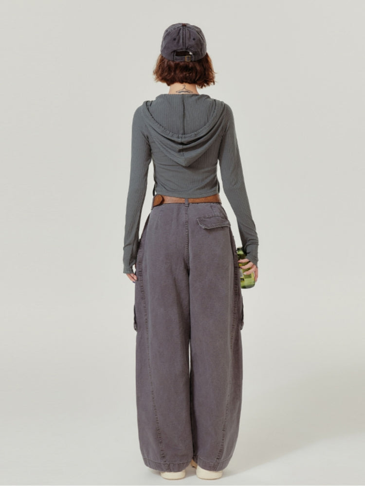 Vintage Hooded Long-Sleeve Cropped Knit Top