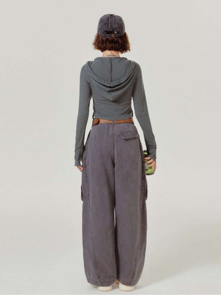 Vintage Hooded Long-Sleeve Cropped Knit Top