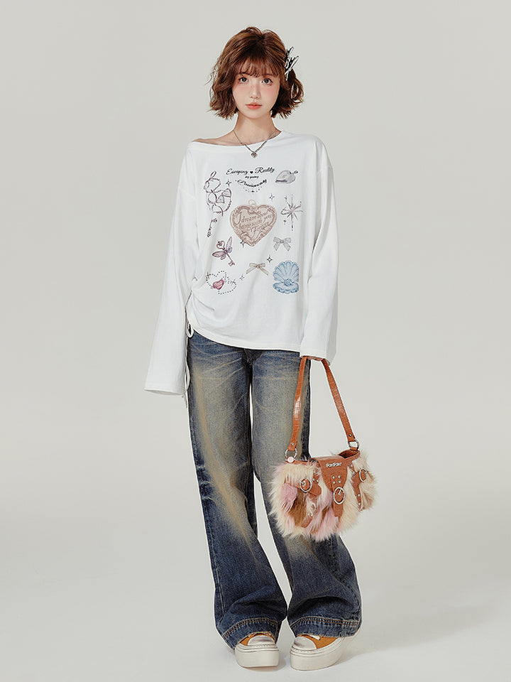 American Style Long-Sleeve Casual White T-Shirt
