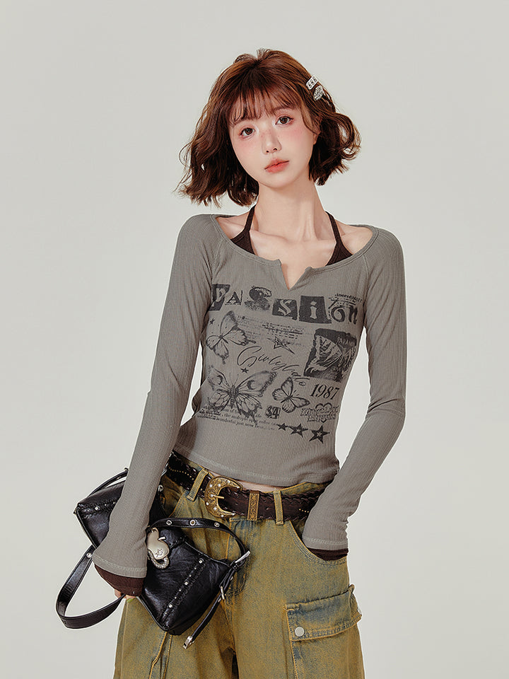 Vintage Butterfly Letter Print Long-Sleeve Top