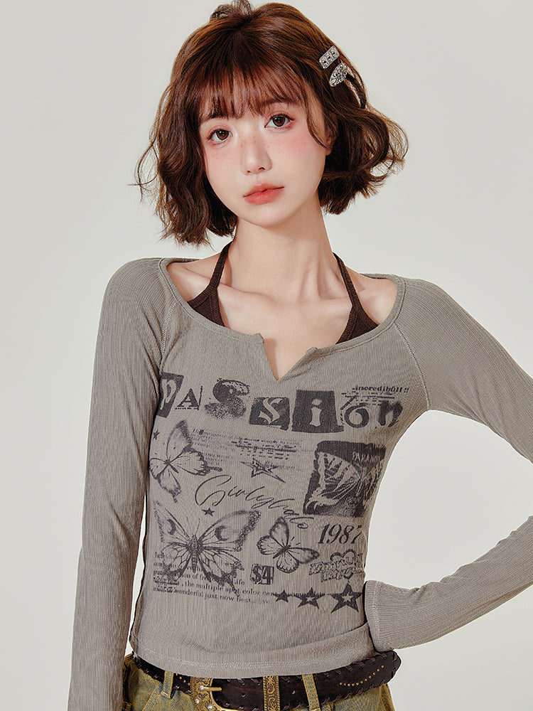 Vintage Butterfly Letter Print Long-Sleeve Top