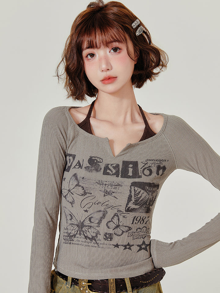 Vintage Butterfly Letter Print Long-Sleeve Top