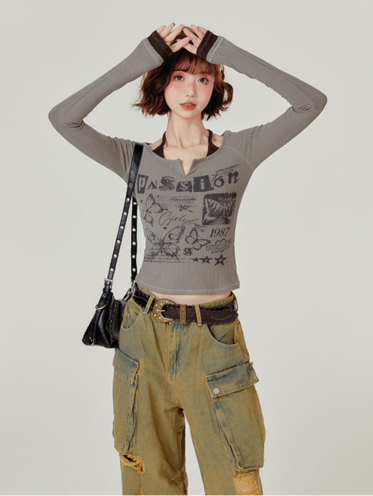 Vintage Butterfly Letter Print Long-Sleeve Top