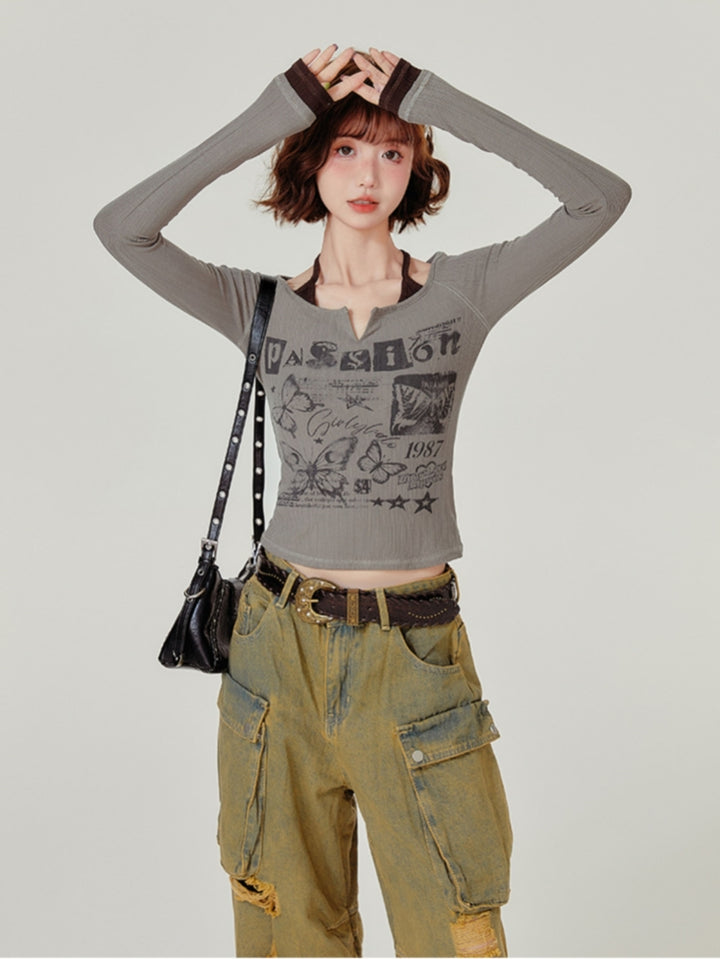 Vintage Butterfly Letter Print Long-Sleeve Top