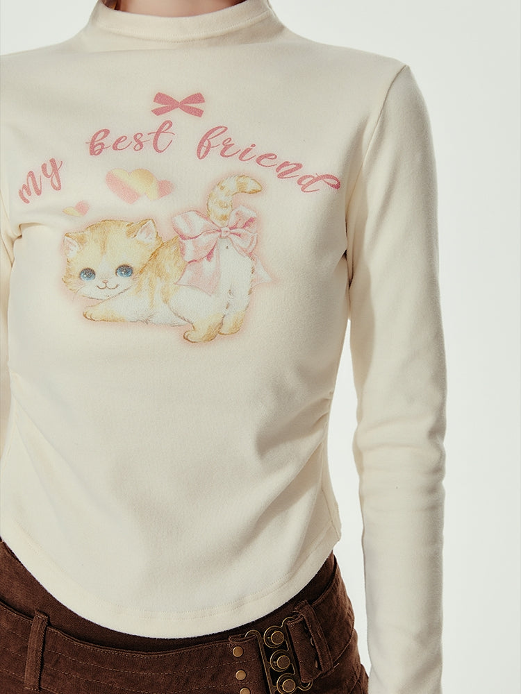 American Cat Print Small High-Neck Long-Sleeve Spring/Autumn T-Shirt