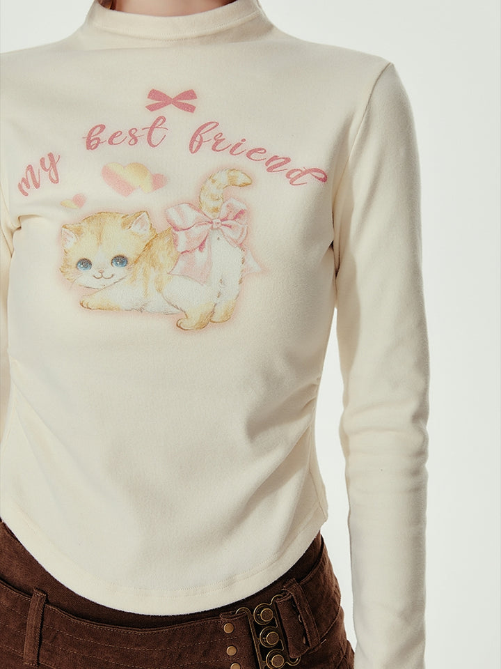 American Cat Print Small High-Neck Long-Sleeve Spring/Autumn T-Shirt