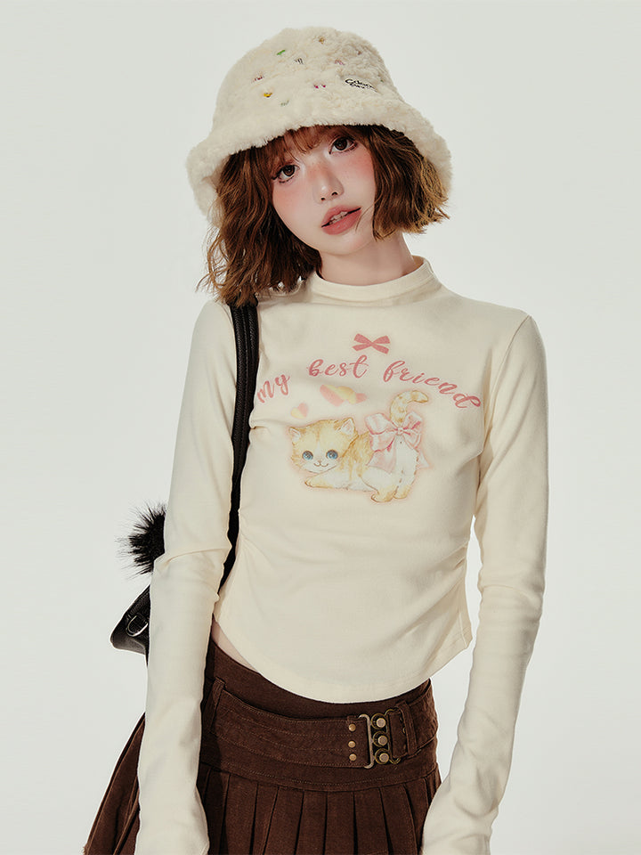 American Cat Print Small High-Neck Long-Sleeve Spring/Autumn T-Shirt